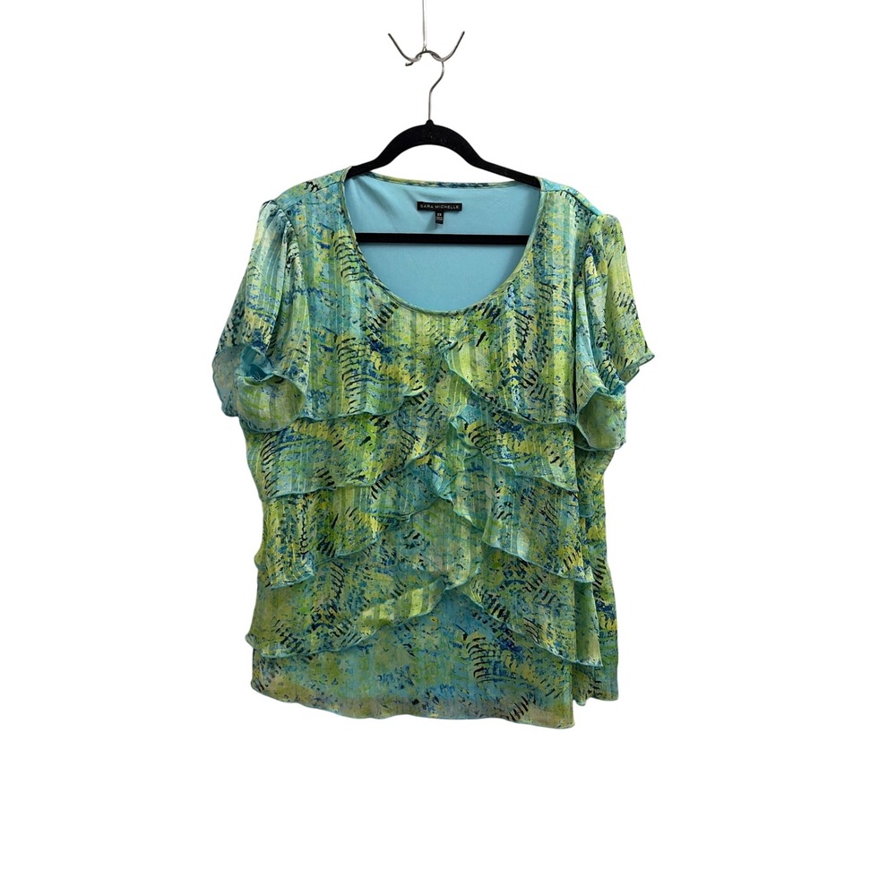 Blouse Ruffle Abstract Sara Michelle Women 2X Blue Green Metallic Tiered Top